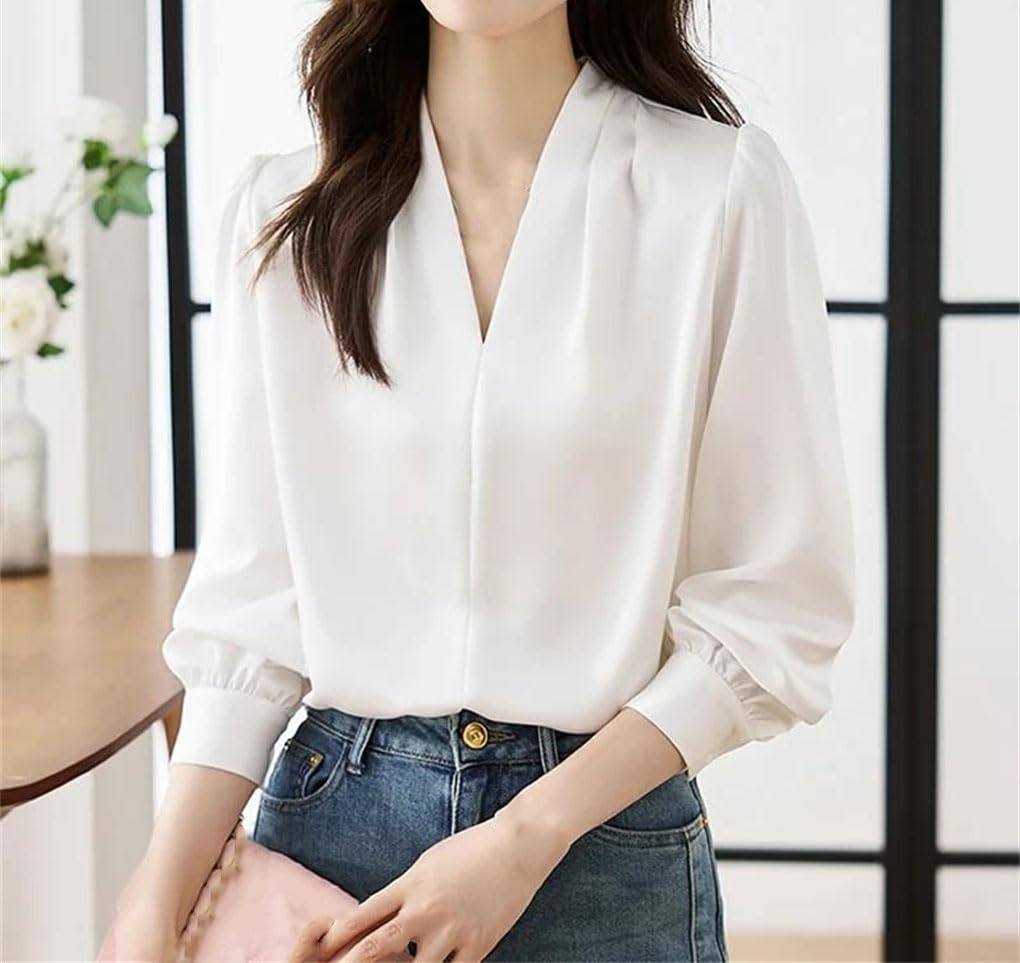 Blusa de gasa para mujer, cuello en V, manga larga, color liso, informal, para oficina o trabajo