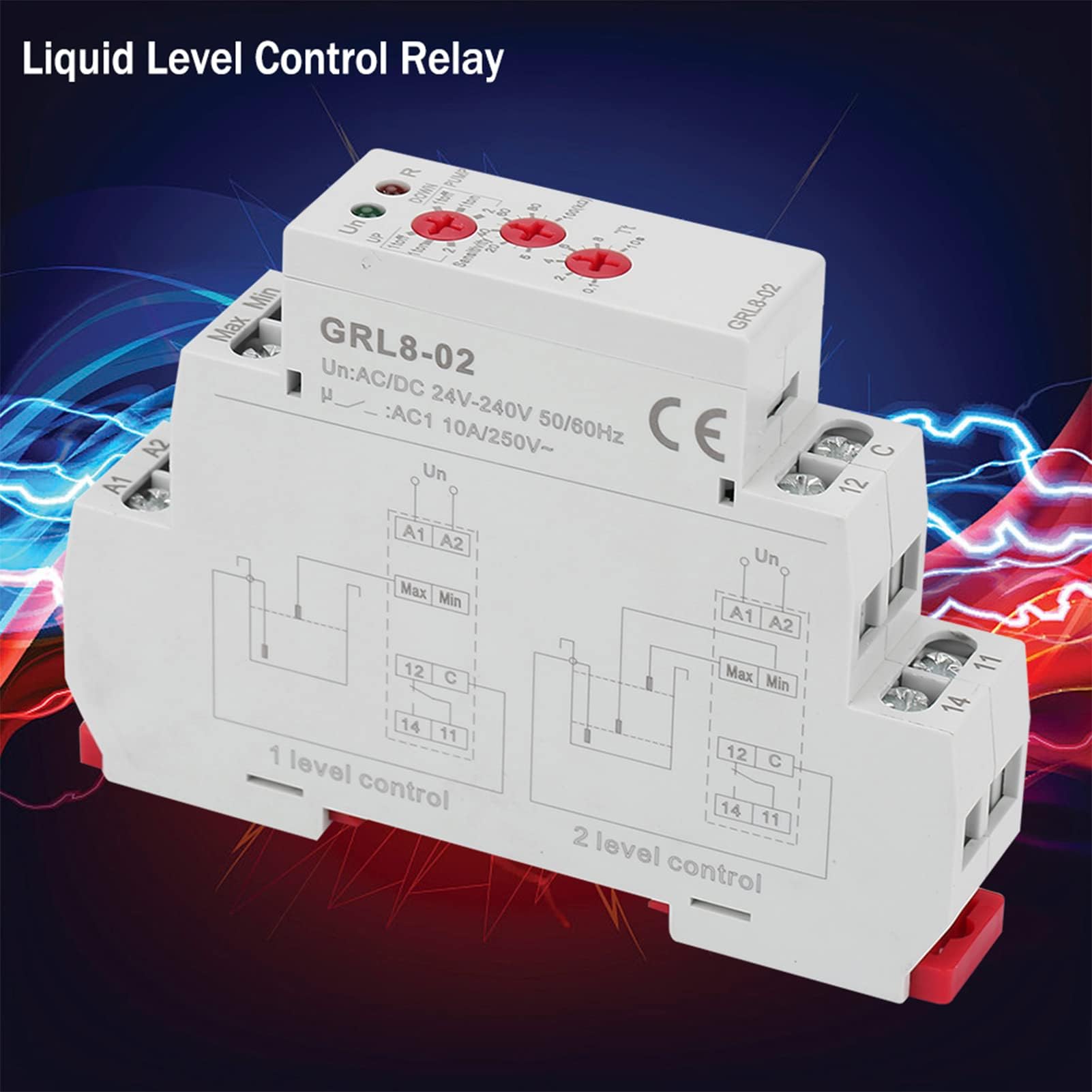 GRL8-02 Flüssigkeitsstand Steuerrelais, Wasserstandsregler mit Überwachungsfunktion, 10A AC/DC 24V-240V