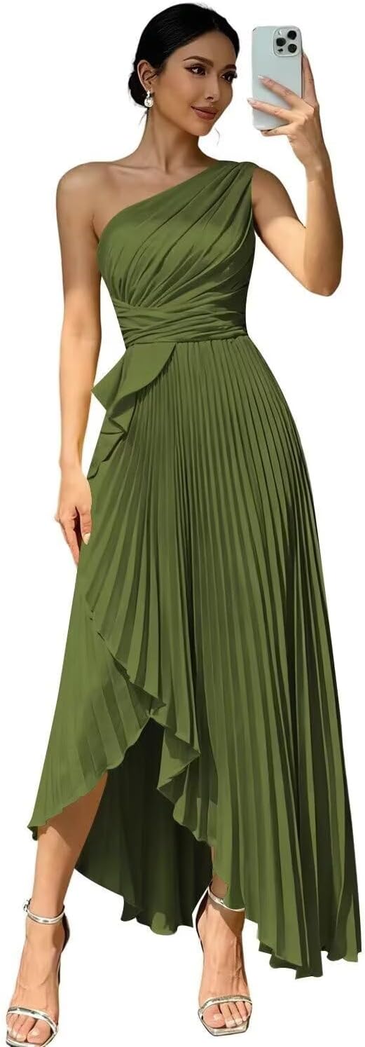 One Shoulder Satin Pleated Bridesmaid Dresses for Women A-Line Long Formal Evening Dress with Slit