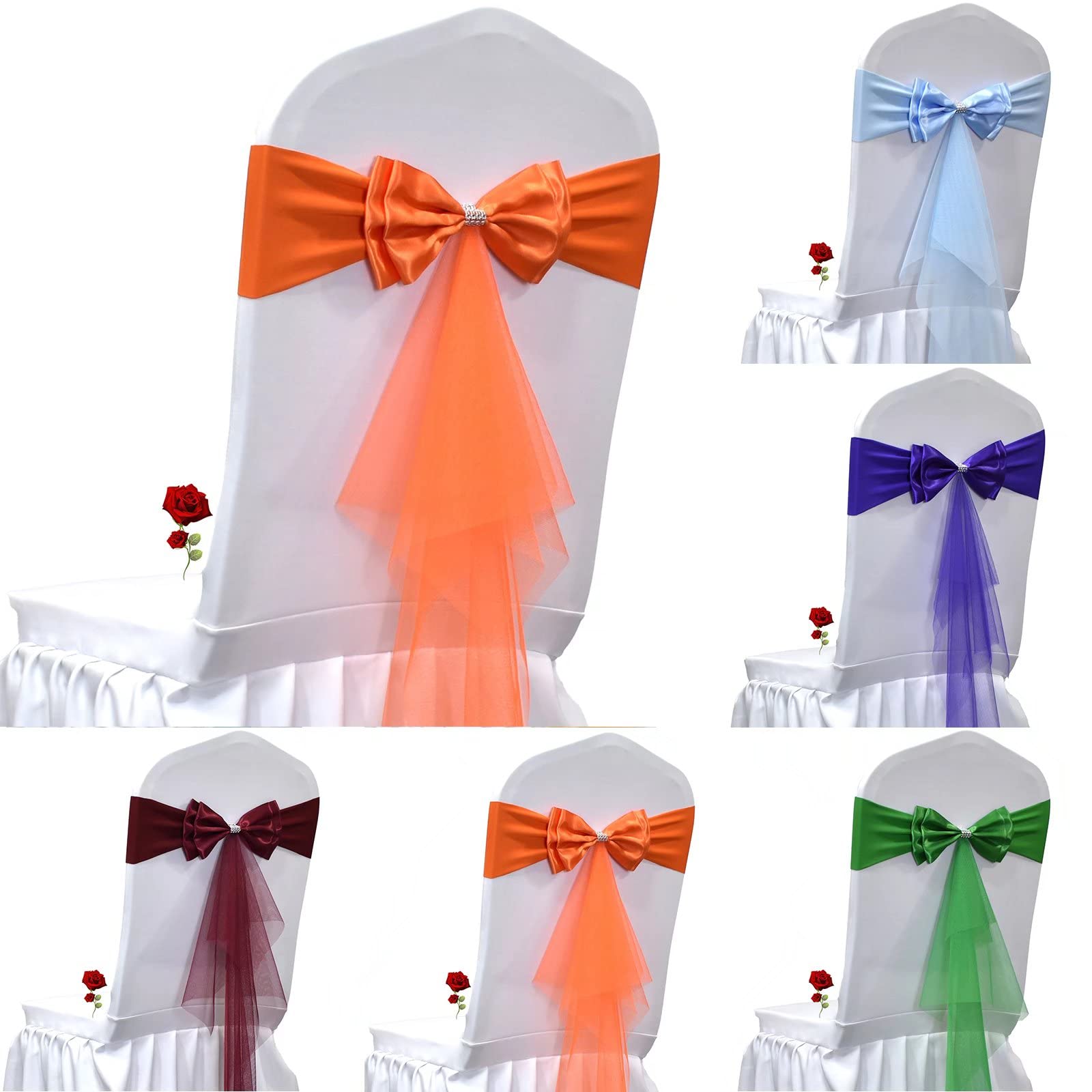MYS QiQi Pack of 6 Double Bows Organza Stretch Chair Sashes, for Wedding Party Chair Cover Decoration, Spandex Stretch Chairs Bands (6 PCS Orange
