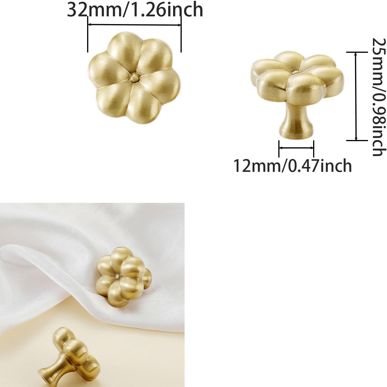 Flower Drawer Knobs - Gold Handles for Cabinets, Unique Cabinet Pulls, Brushed Brass Dresser Knobs (2 Pcs)