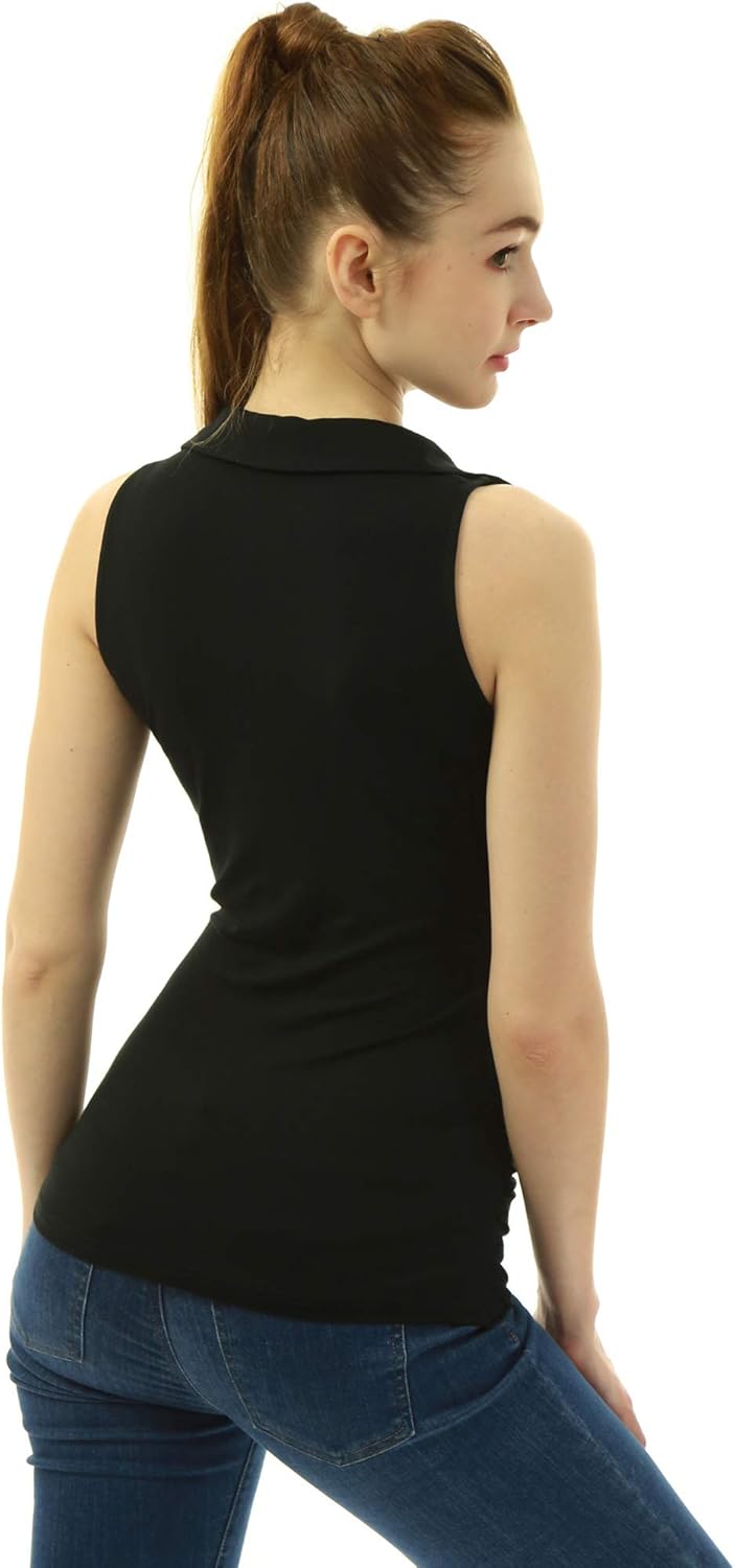 AmélieBoutik Women V Neck Ruched Button Sleeveless Polo Shirt Collared Tank Top - Image 5