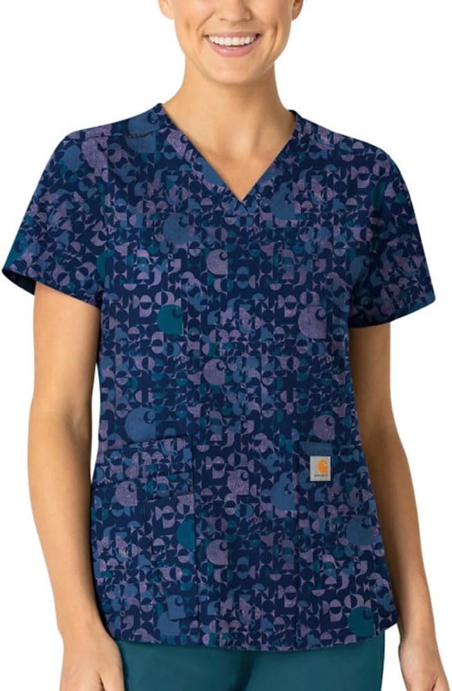 Carhartt Scrubs C13414 Women's Modern Fit V-Neck Print Scrub Top XX-Large Geo Logo Navy