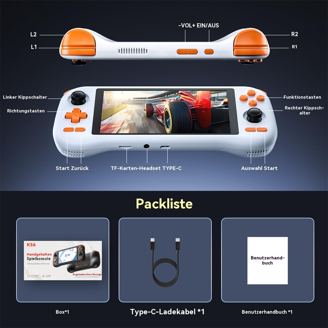 K56 Handheld Spielkonsole – 5,5" FHD Touchscreen, Android 14, 5000mAh Akku, Moonlight & Steam Link, Retro & PC Spiele, 5G WiFi, Dual Joysticks (Schwarz, 128, GB)