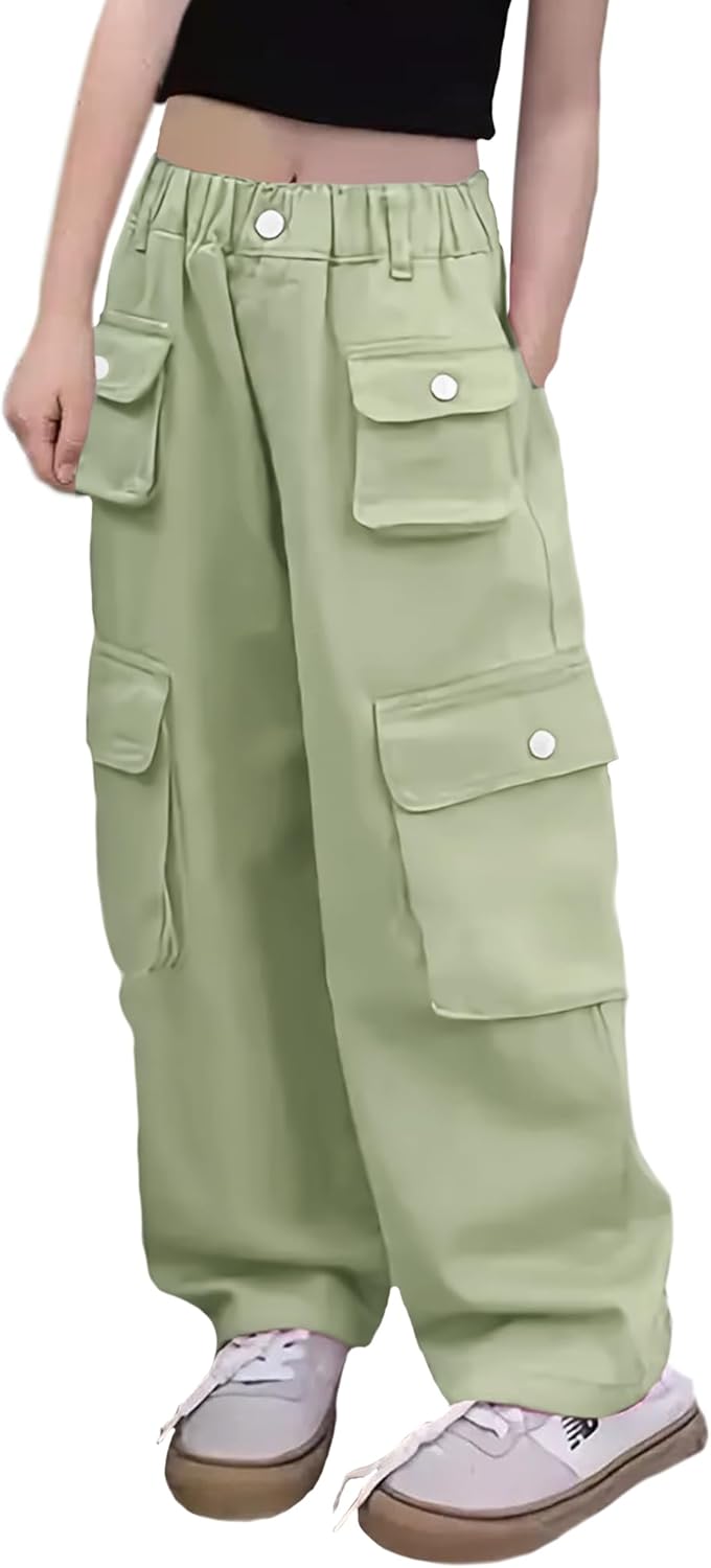 Girl's Elastic High Waist Cargo Pants Wide Leg Trousers with Flap Pocket, 3-14 Years