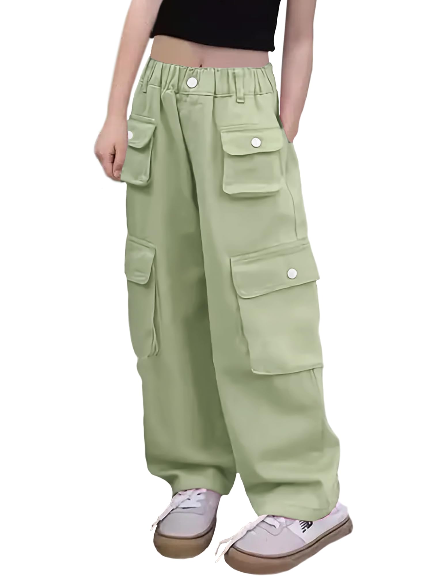 Girls Elastic High Waist Cargo Pants Wide Leg Trousers with Flap Pocket 3-14 Years