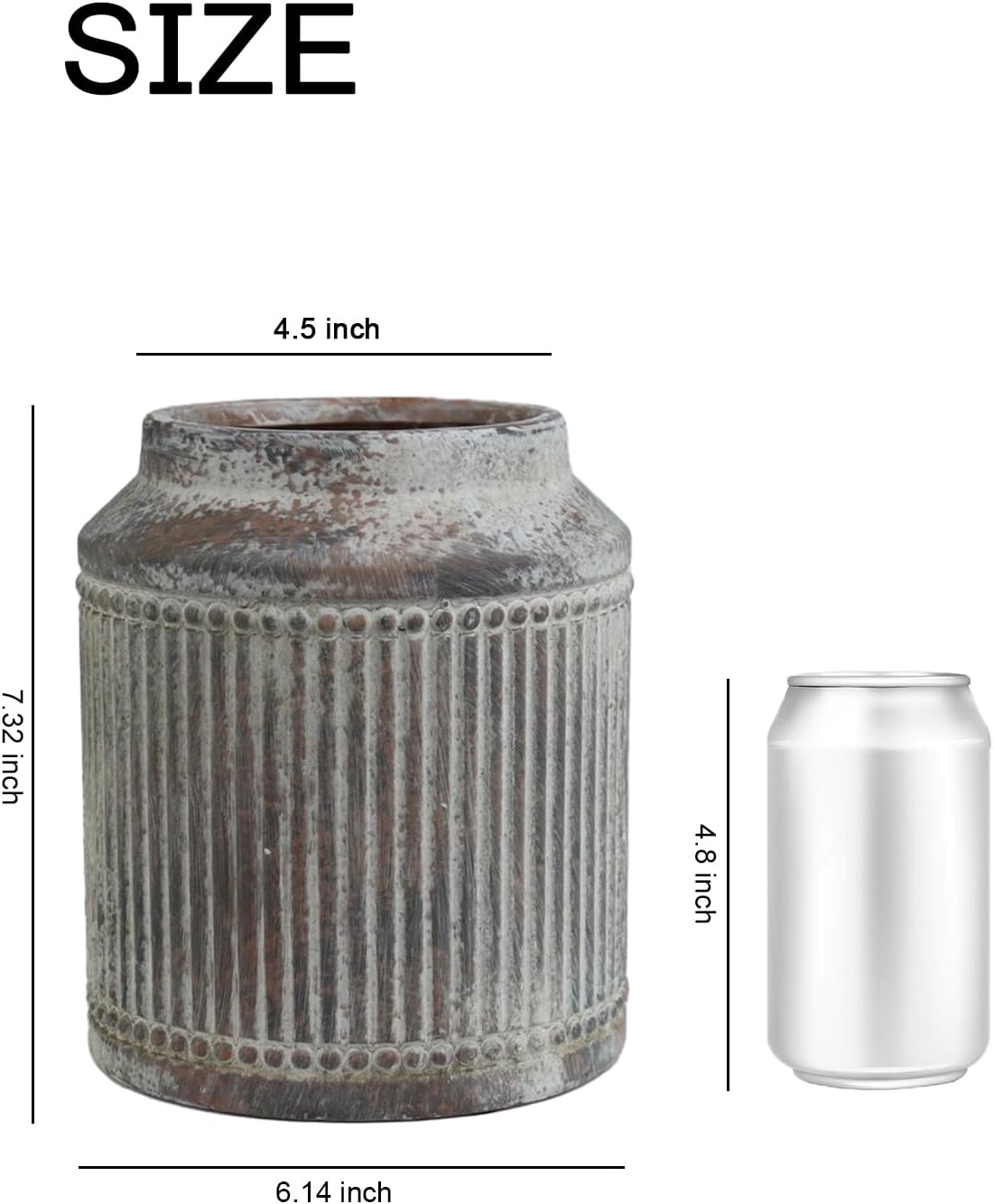 Ribbed Ceramic Vase, 7.32 Inch Gray Farmhouse Vase for Pampas Grass, Rustic Vintage Pottery Vase for Flowers, Dining Table Centerpiece, Coffee Table Shelf Entryway Decor - Image 2