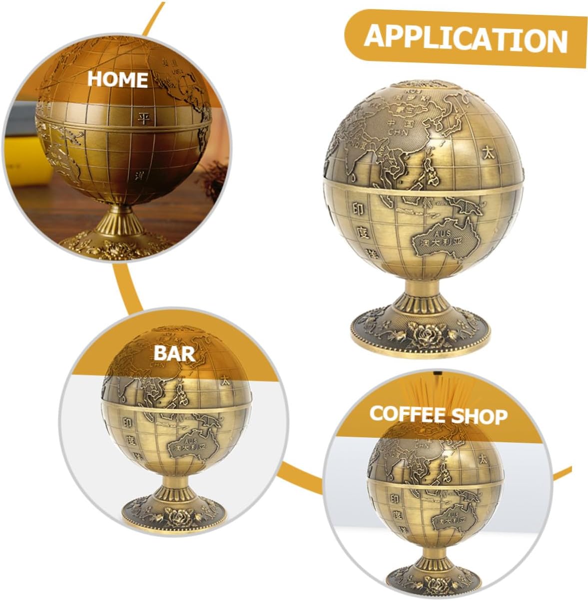 Press-type Toothpick Holder Box with Sphere Earth Map Design Classic Copper Toothpick Dispenser for Home Dining Table