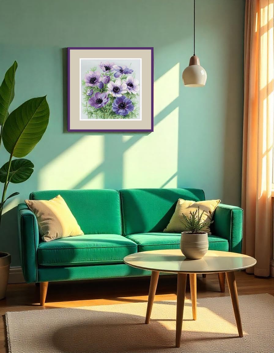 RIOLIS - Purple Anemones 2176, Cross Stitch Kits 11¾" x 11¾", Cross Stitch Kits for Adults, Floral Counted Cross Stitch Kits, Embroidery Kit for Beginners & Advanced, Crossstitching Kits