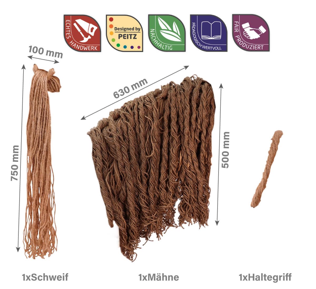 Holzspielzeug Peitz Mähne & Schweif für Voltigierpferd | Natürliches 3er-Set mit Haltegriff als Ersatzteil für Hobby Horsing