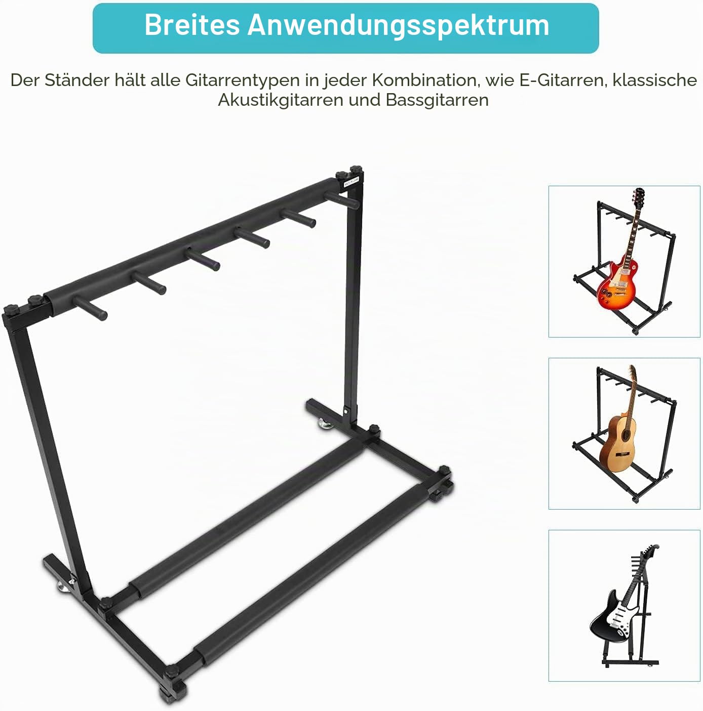 Dioche Gitarren- und Bassständer mit 5 Gitarrenständern, zusammenklappbar, mit rutschfester Gummipolsterung, für 5 elektrische Instrumente (5 Plätze)