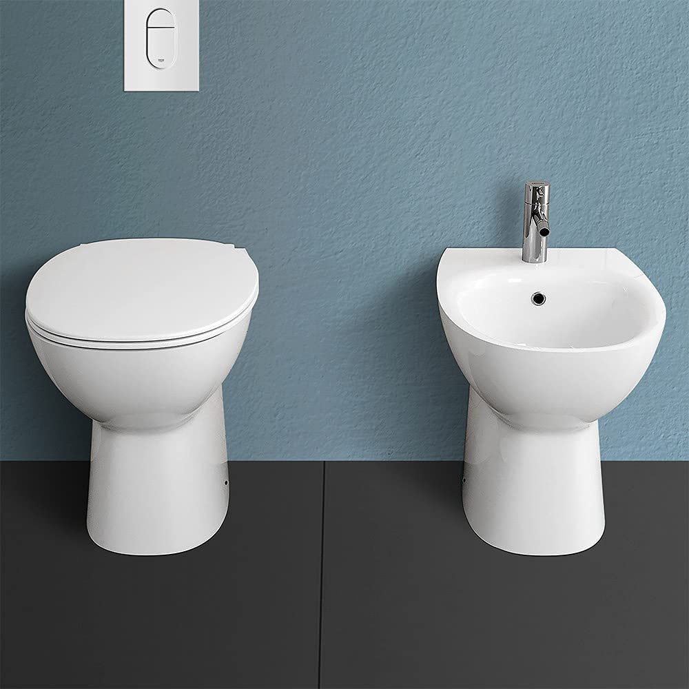 Inbagno Coppia Sanitari Filo Muro Rimless, Completa di Copriwc Tradizionale Slim, in Ceramica Bianca Serie Morning