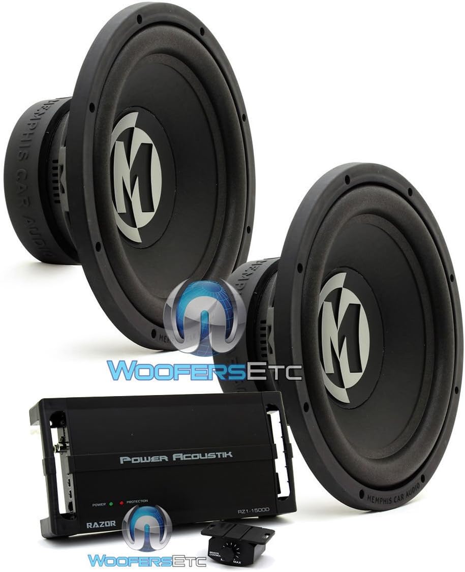 pkg Pair of Memphis PR12S4V2 Power Reference 12" SVC 4 Ohm Subwoofers with Power Acoustik RZ1-1500D Monoblock 1500W Max Class D RAZOR Series Full Range Amplifier