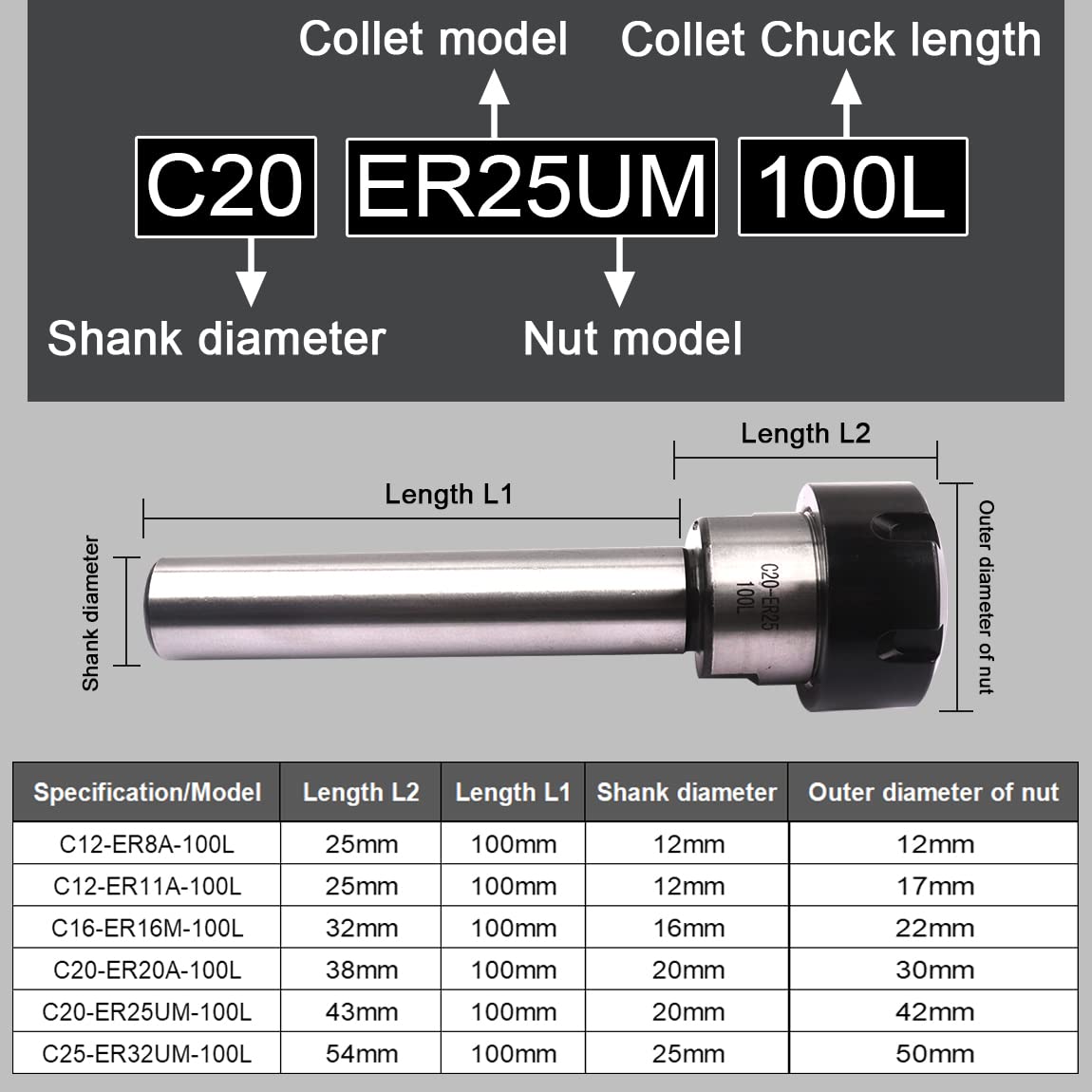 Atoplee 1 pieza Collet Chuck Holder recto CNC Milling Rod (C20-ER20A-100L).