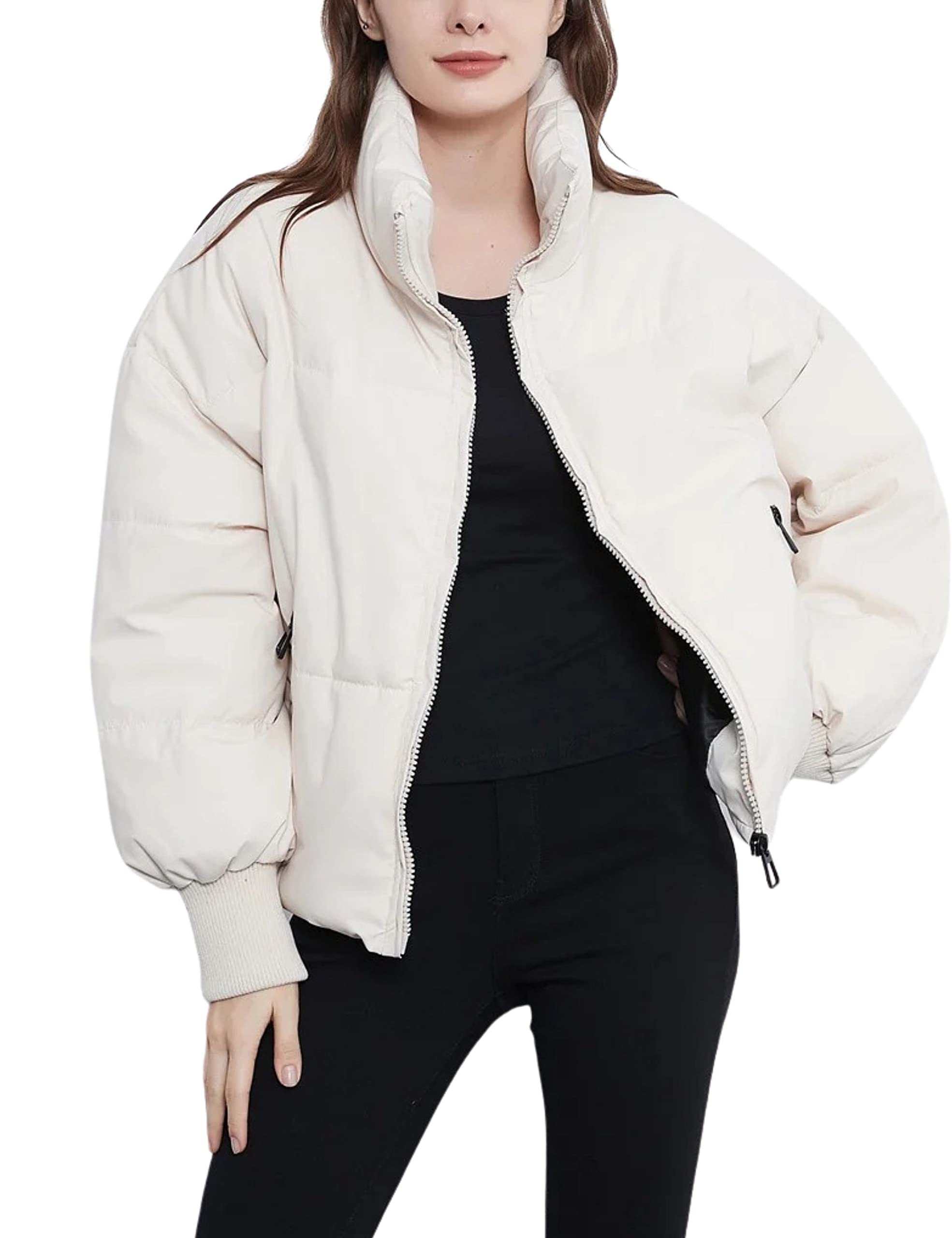 Unilexi Womens Casual Cropped Puffer Jackets Oversized Padded Stand Collar Winter Coats