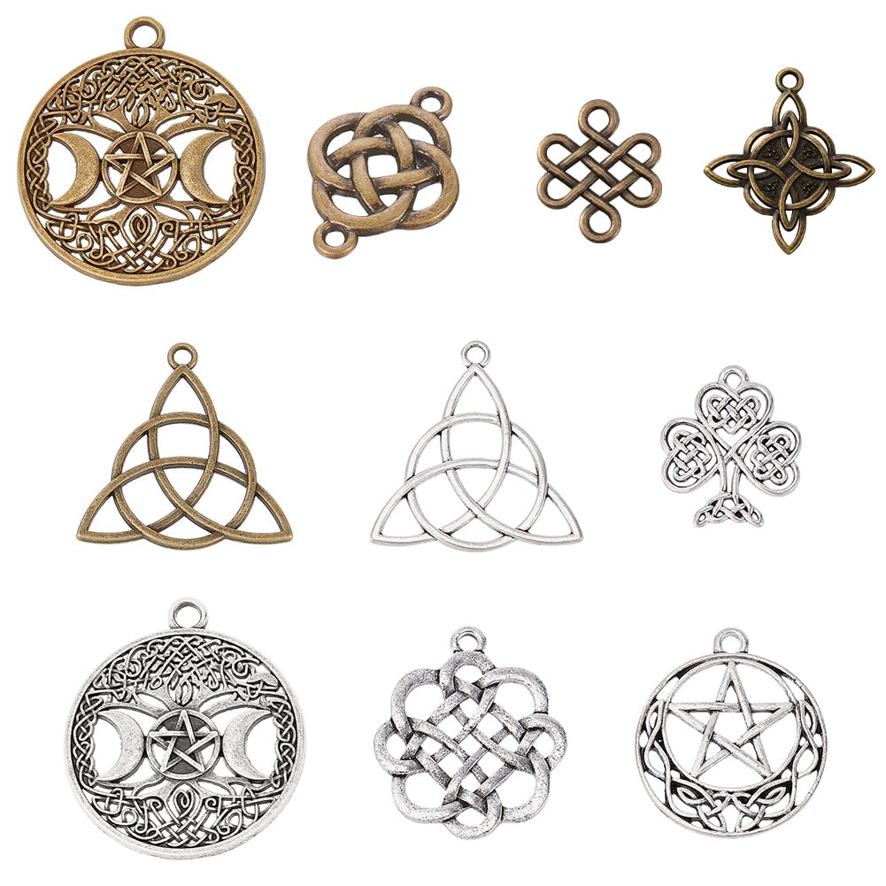 SUNNYCLUE 1 Box 20Pcs 10 Style Celtic Knot Charms Trinity Knot Charm Tree of Life Triple Goddes Moon Lucky Energy Flower Chakra Charm for jewellery Making Charms DIY Bracelet Necklace Earring Craft
