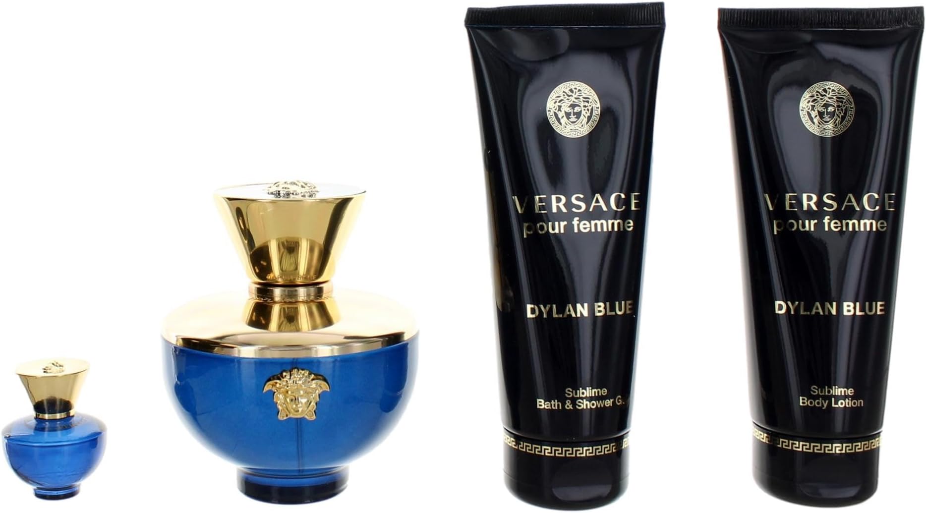 Dylan Blue 4 Piece Gift Set for Women (3.3 Ounce Eau De Parfum Spray + 3.4 Ounce Body Lotion + 3.4 Ounce Shower Gel + 0.17 Ounce Mini Spray)