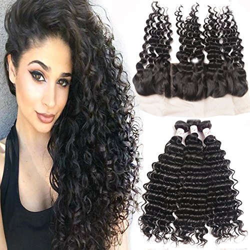 Ushow Deep Wave Brazilian Virgin Hair Bundles with Frontal (20 22 24 with 18) 8A Deep Curly Wave 3 Bundles with 13×4 Ear to Ear Lace Frontal Closure Pre Plucked Frontal and remy Human Hair Extensions