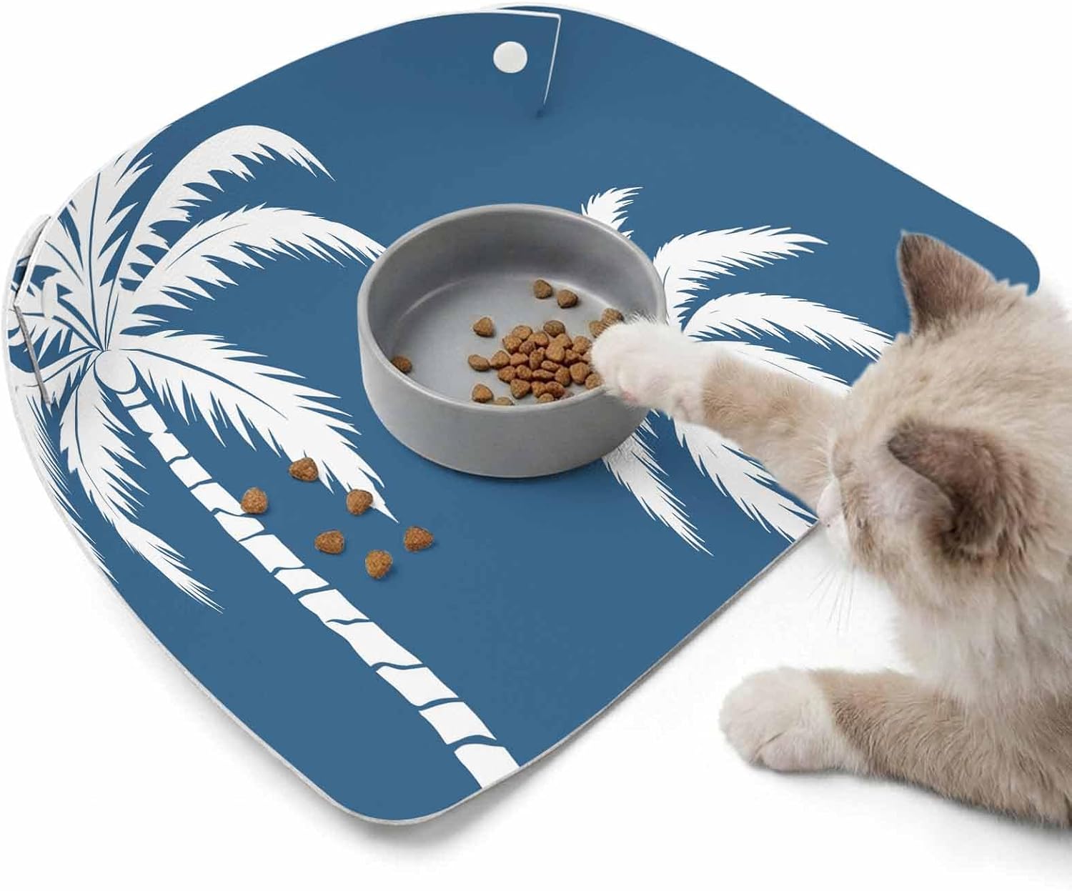 Coastal Palm Tree Pet 100% Waterproof Feeding Mat with Raised Edges, Tropical Plant Summer Blue Cat Small Dog Foldable Food Mat with Easy Clean Leather for Home Travel 17.7x11.8in