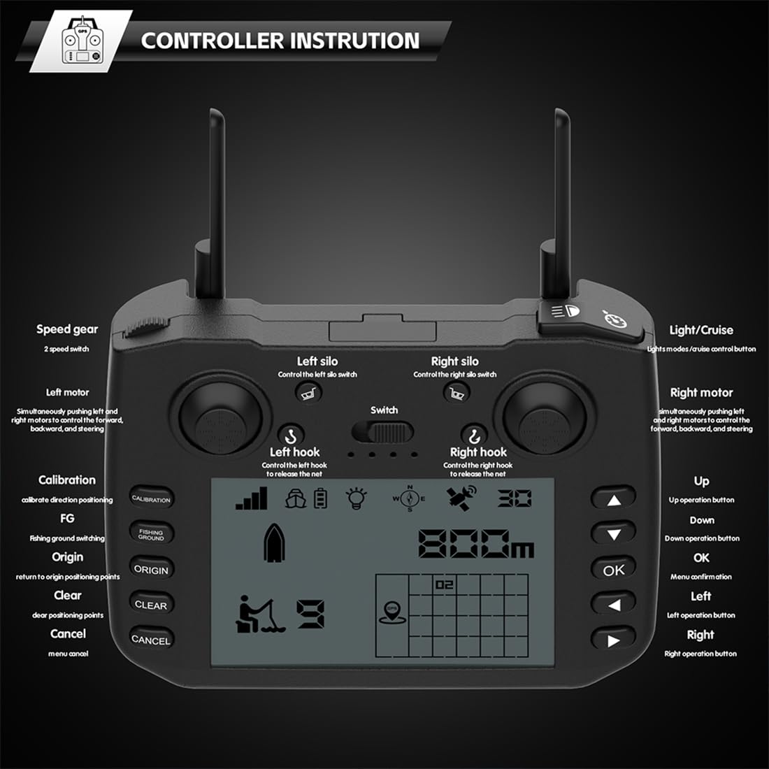 GPS RC przynęta do łowienia karpi, V080 12 V 20000 mAh 800 m, zdalne sterowanie, przynęta 3 kg, ładowanie z automatycznym powrotem, 9 stref wędkarskich i światła LED, łódź RC do jezior