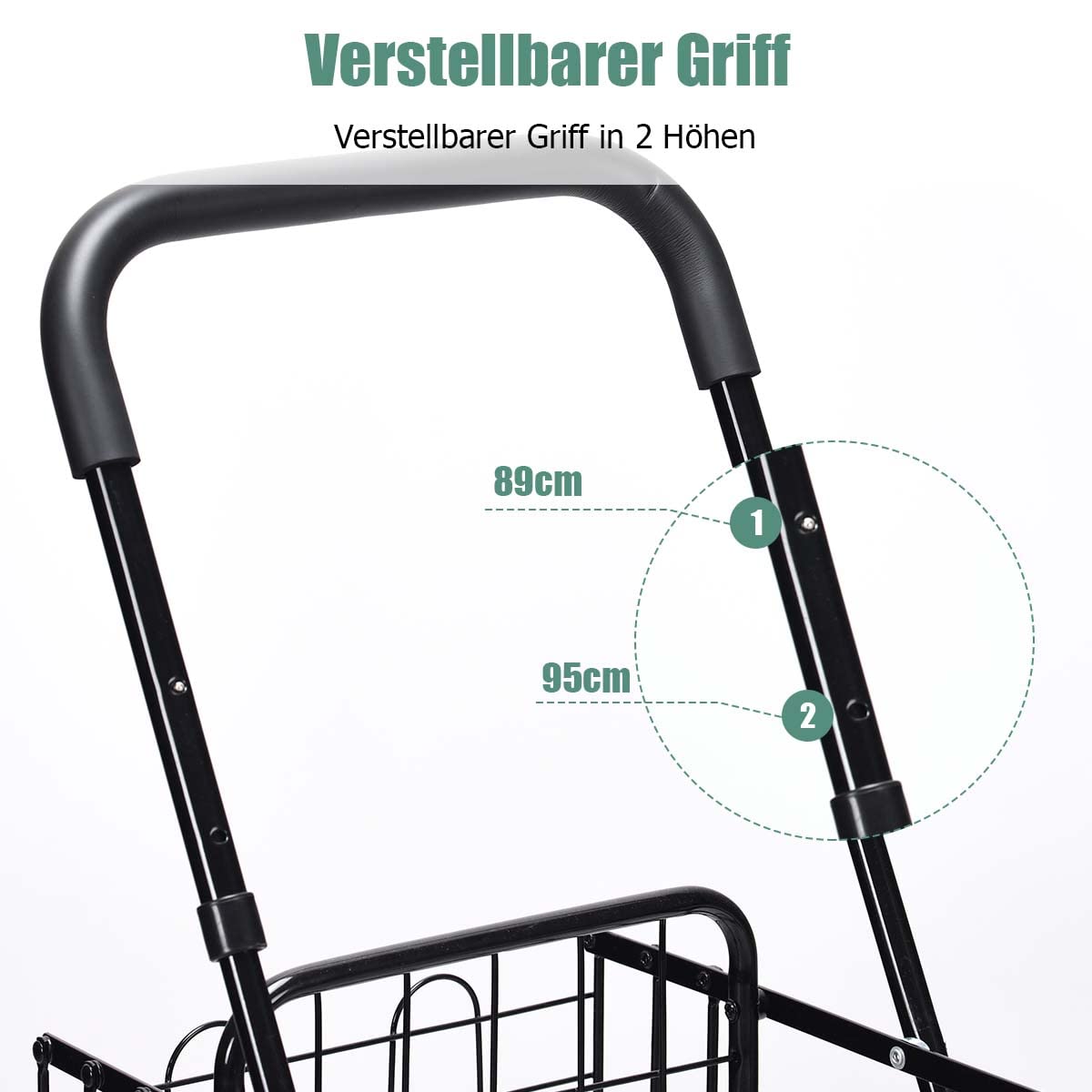 COSTWAY Klappbarer Einkaufstrolley, Einkaufswagen mit Universalrädern & Doppelkorb, 48L+10L, Tragbarer Handwagen mit Verstellbarer Griff, Rollwagen Allzweckwagen für Wäsche Einkaufen Gepäck (Schwarz)