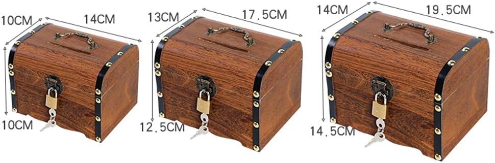 LYLY Piggy Bank Solid Wood Piggy Bank Vintage Treasure Chest Child Piggy Bank Lock Paper Money Boy Piggy Bank Can Be Taken Adult Cash Box Money Saving Box (Size : Large)