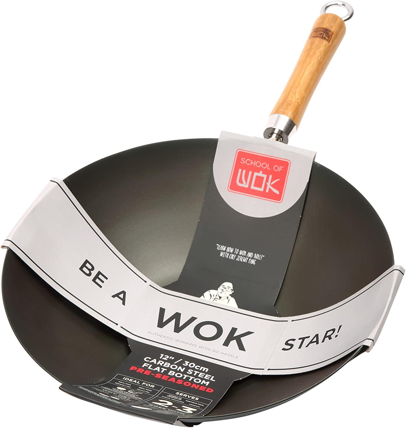 School of Wok - 12"/30cm Pre-Seasoned Carbon Steel Flat Bottom Wok with Bamboo Handle