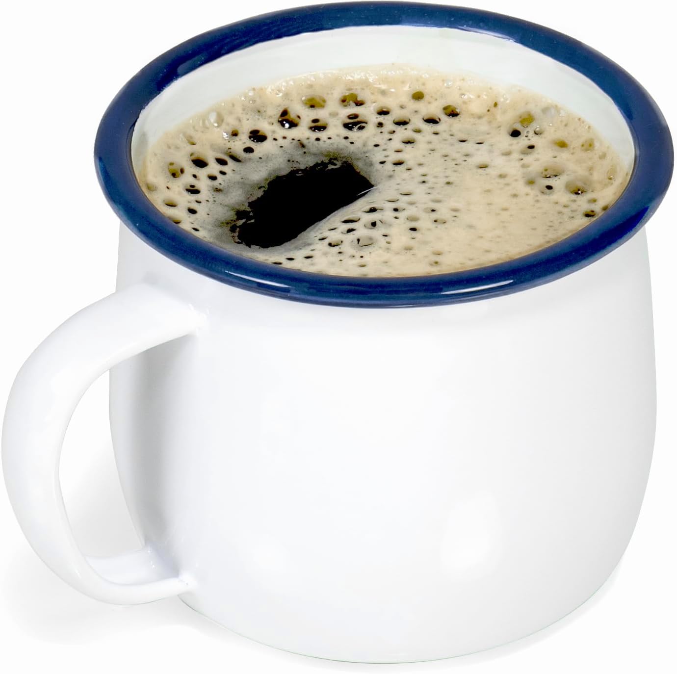 Red Co. Set of 4 Enamelware Metal 12 Oz Round Camping Mugs with Handle, Solid White/Navy Blue Rim