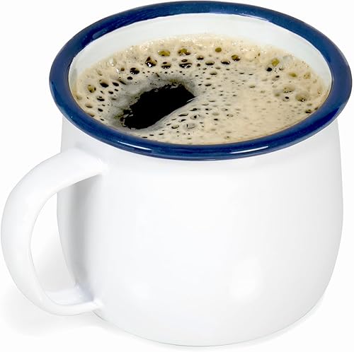 Miniatura 3 de Red Co. Juego de 4 tazas redondas de metal esmaltado de 13.5 onzas con asa, borde blanco sólido y azul marino