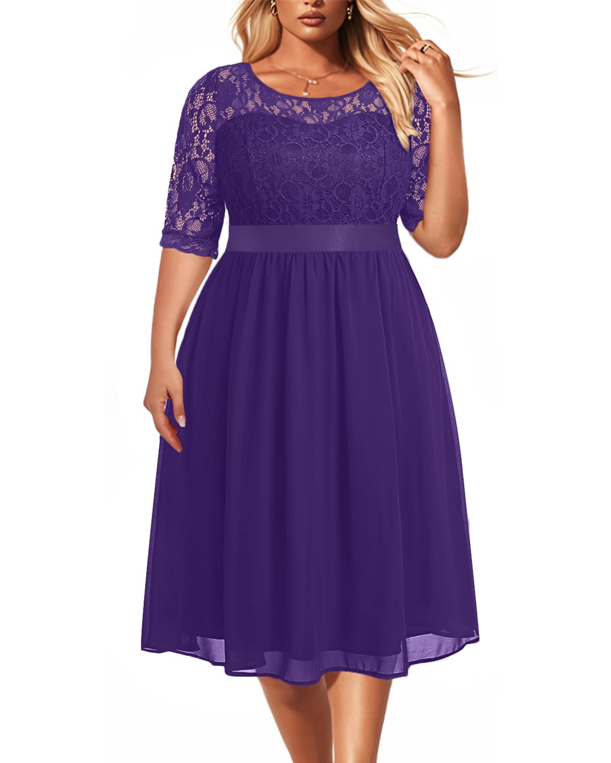 Pinup Fashion Plus Size Lace Chiffon Wedding Guest Dresses Women Cocktail Party Midi Dress