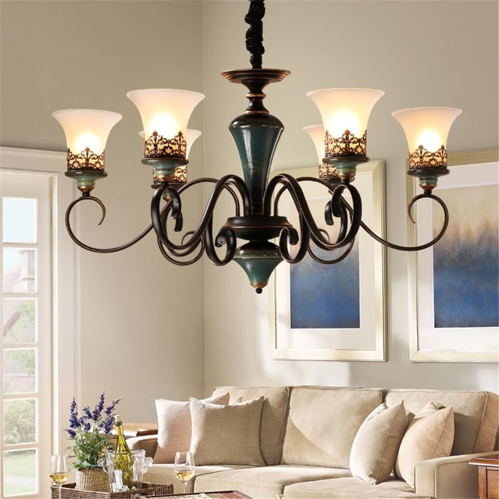 SXECAEPS European Luxury Living Room Chandelier American Retro Ceramic Restaurant Bedroom Study Hotel Villa Cafe LED Pendent Lamp (P 6 hts)