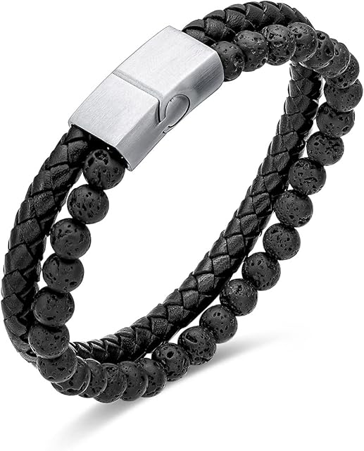 FANCIME Mens Genuine Leather Bracelet Beads Stone with Magnetic Clasp Fashion Jewellery for Men Boys Father - Length 21 CM