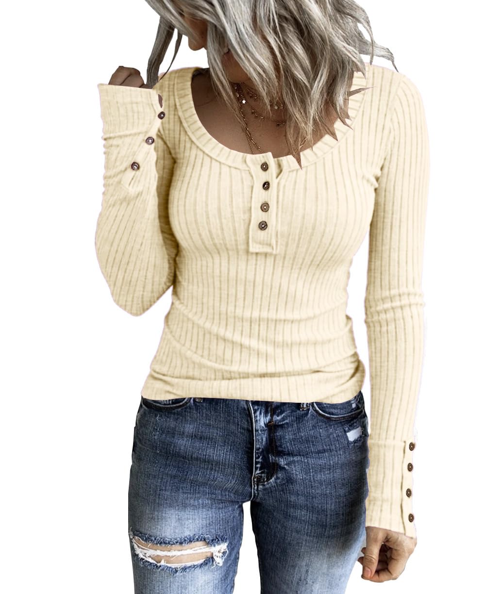 KINLONSAIR Women’s Long Sleeve Henley T Shirts Button Down Slim Fit Tops Scoop Neck Ribbed Knit Shirts