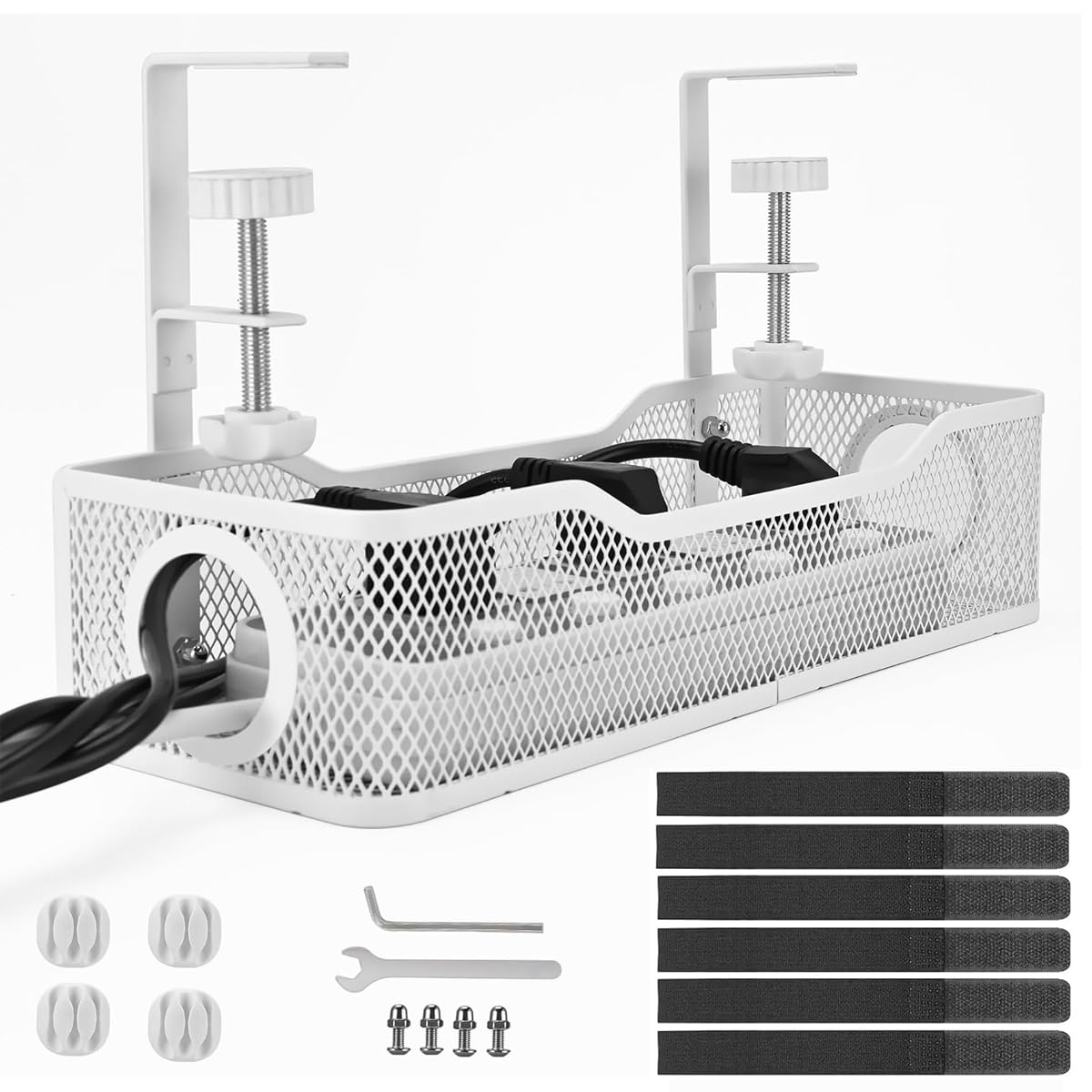Climberty® No Drill Under Desk Cable Management Tray, Adjustable Metal Wire Organizer Rack with Clamp for Cord, Power Strip & Network Cable Storage, Office Or Home Use, 13x4.7x3.1 inches (White)