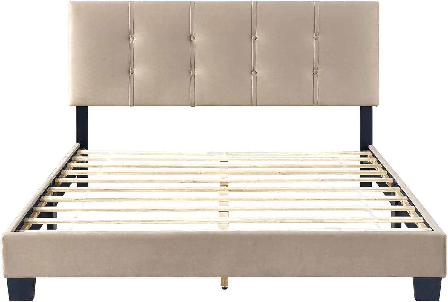 Lexicon Queen Bed Frame, Velvet Upholstered Bed with Button Tufted Headboard and Adjustable Headboard, Modern Queen Bed, No Box Spring Needed, Easy Assembly, Light Brown - Image 8
