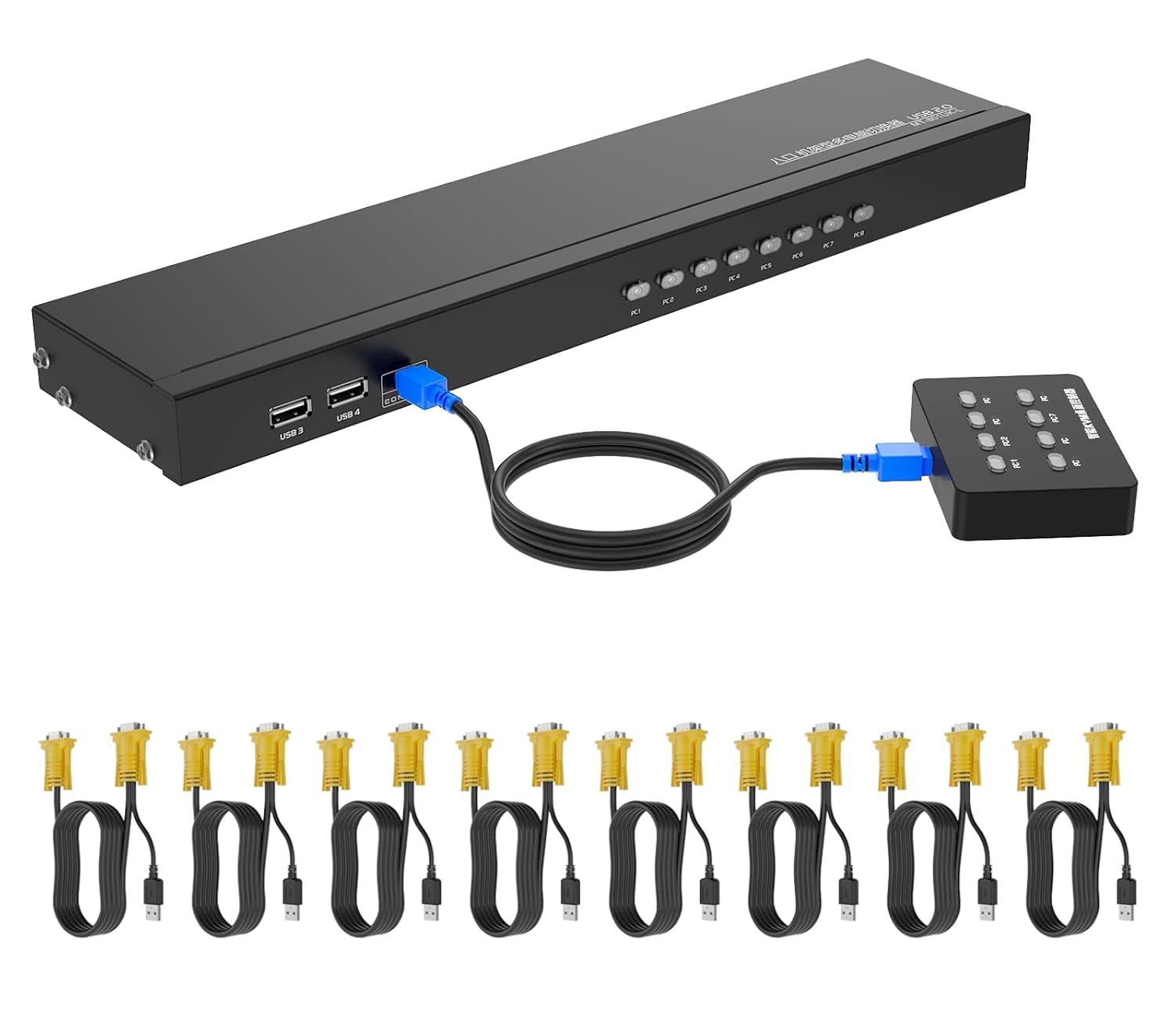 Yinker VGA KVM 8 Port, USB VGA Rackmount KVM + 8 KVM Cables