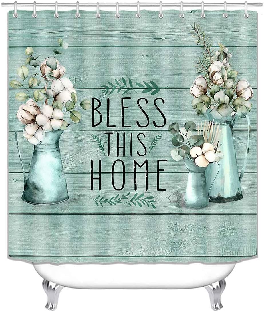 4PCS Farmhouse Shower Curtain Set, Mint Green Shower Curtain Set, White Cotton Flower Eucalyptus Leaves Botanical Floral Country Rustic Bathroom Decor, Bath Mat Bathroom Rugs, Bless This Home
