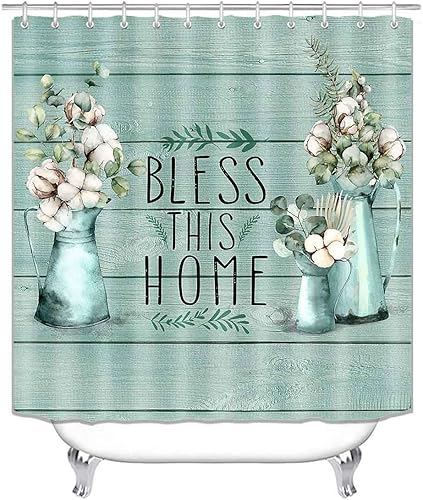 Miniatura 2 de Juego de 4 cortinas de ducha de granja, juego de cortinas de ducha verde menta, algodón blanco, hojas de eucalipto, botánico, floral, rústico,