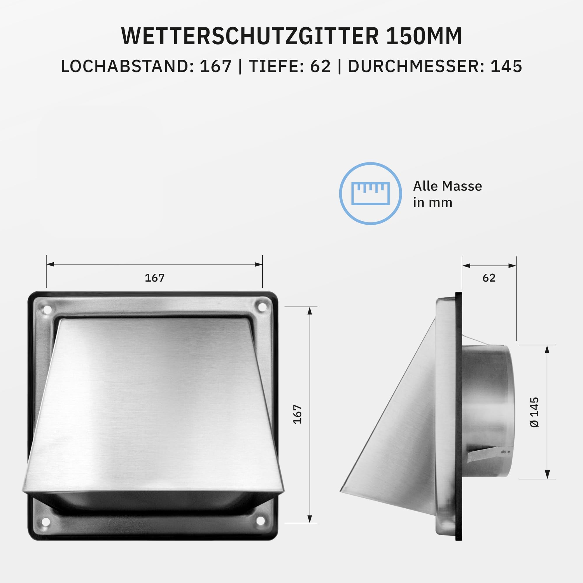 HWG Edelstahl Lüftungsgitter 150mm, Abluftgitter, Integrierte Rückstauklappe, Sehr Witterungsbeständig, Abdeckung Dunstabzug Außen, Wandanschluß Abluft