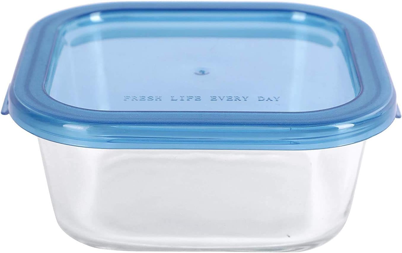 SIMPARTE 320ml Borosilicate Square Glass Container with Flexible Blue Lid Set of 1 Microwave, Oven, Freezer & Dishwasher Safe Leak-Proof Storage Box for Kitchen, Fridge & Meal Prep