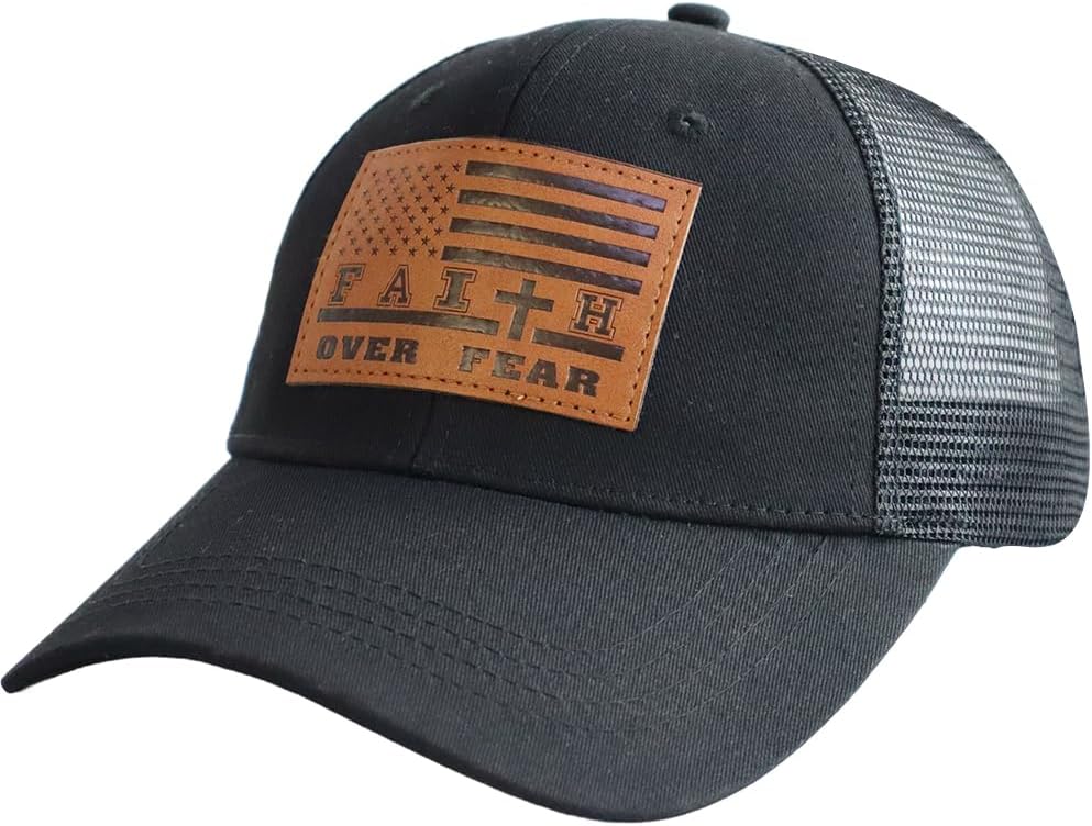 Leather American Flag Faith Over Fear Trucker Hats for Men Women, Adjustable Mesh Snapback Baseball Cap - Image 3