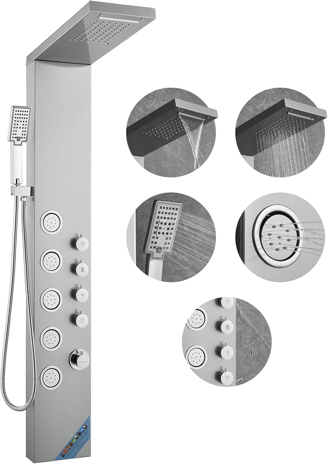 VEVOR Shower Tower, 4 Shower Modes Shower Tower System, Rainfall, Waterfall, 5 Full Body Massage Jets and 3-Setting Handheld Shower Head with 59" Hose, Stainless Steel Wall-Mounted Shower Set