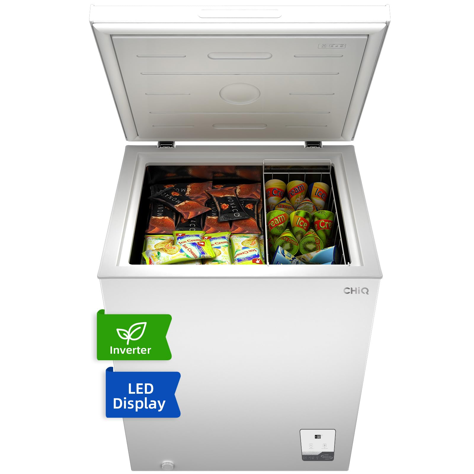 CHiQ Gefriertruhe,142 L Gefrierschrank 39 dB| mit LED, 4 Sterne Gefrierfach, -32°C bis +8°C｜83,5 cm hoch, Starke Gefrierleistung, Tischgefrierschrank für Keller, Speisekammer, Gewerbeflächen, Weiß
