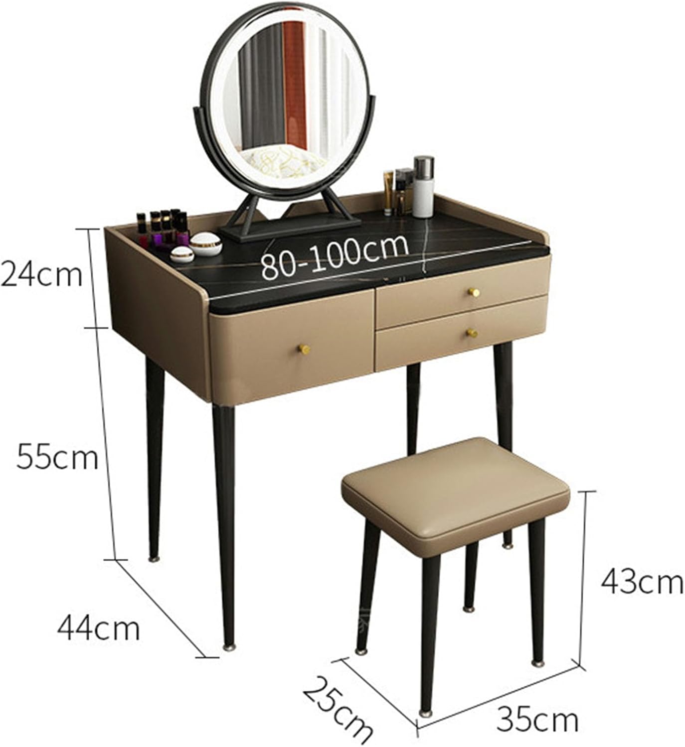 Girls Makeup Vanity Set with Mirror and Stool, Makeup Table with 3 Drawer and Leather Upholstered Stool, Dressing Desk for Bedroom, 3 Lighting Colors Adjustabl,D-80CM