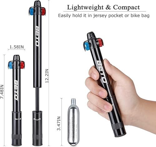 Miniatura 6 de Mini Bike Pump with CO2 Inflator - Dual Mode Hand Pump CO2 Valve - Portable Bike Tire Pump Patented Auto-Switching Twin Head Fit PrestaSchrader