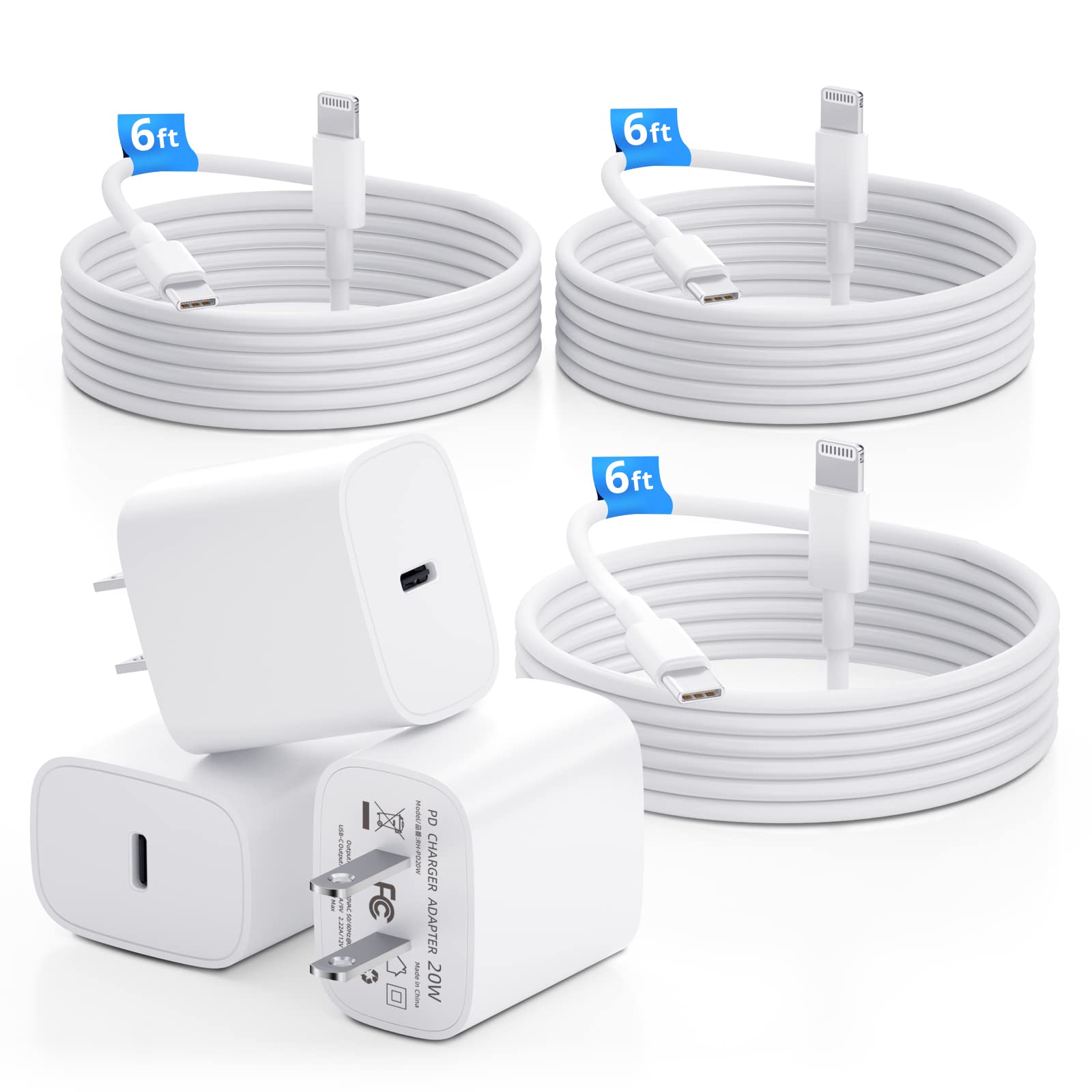 Fast iPhone iPad Charger [3Pack MFi Certified] with USB C to Lightning Cable 6ft, USB C Charger Block 20W Compatible for iPhone 14 13 12 11 XS XR iPad Pro Air Mini Cord