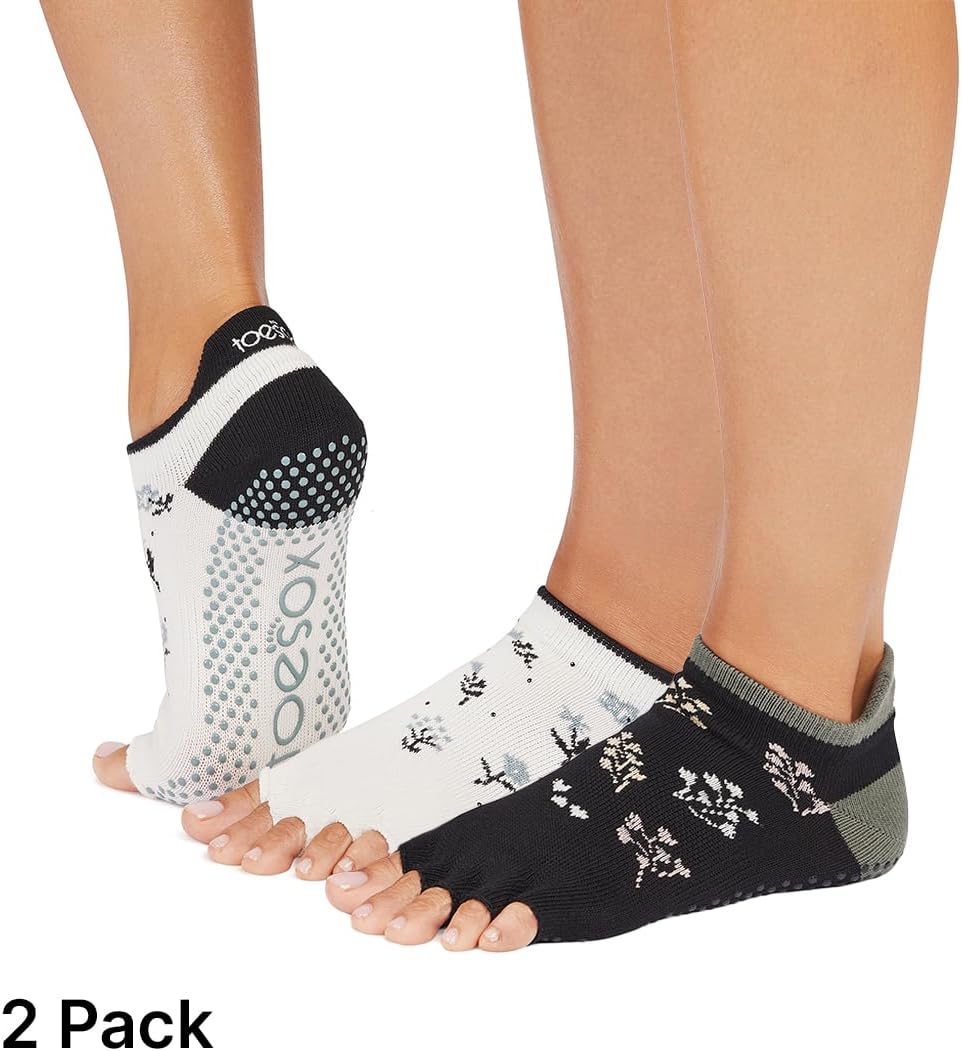 toesox Low Rise Half Toe Grip Socks, 2 Pack Non-Slip Pilates, Barre & Yoga Socks for Women and Men - Bellflower/Petal, Medium - Image 2