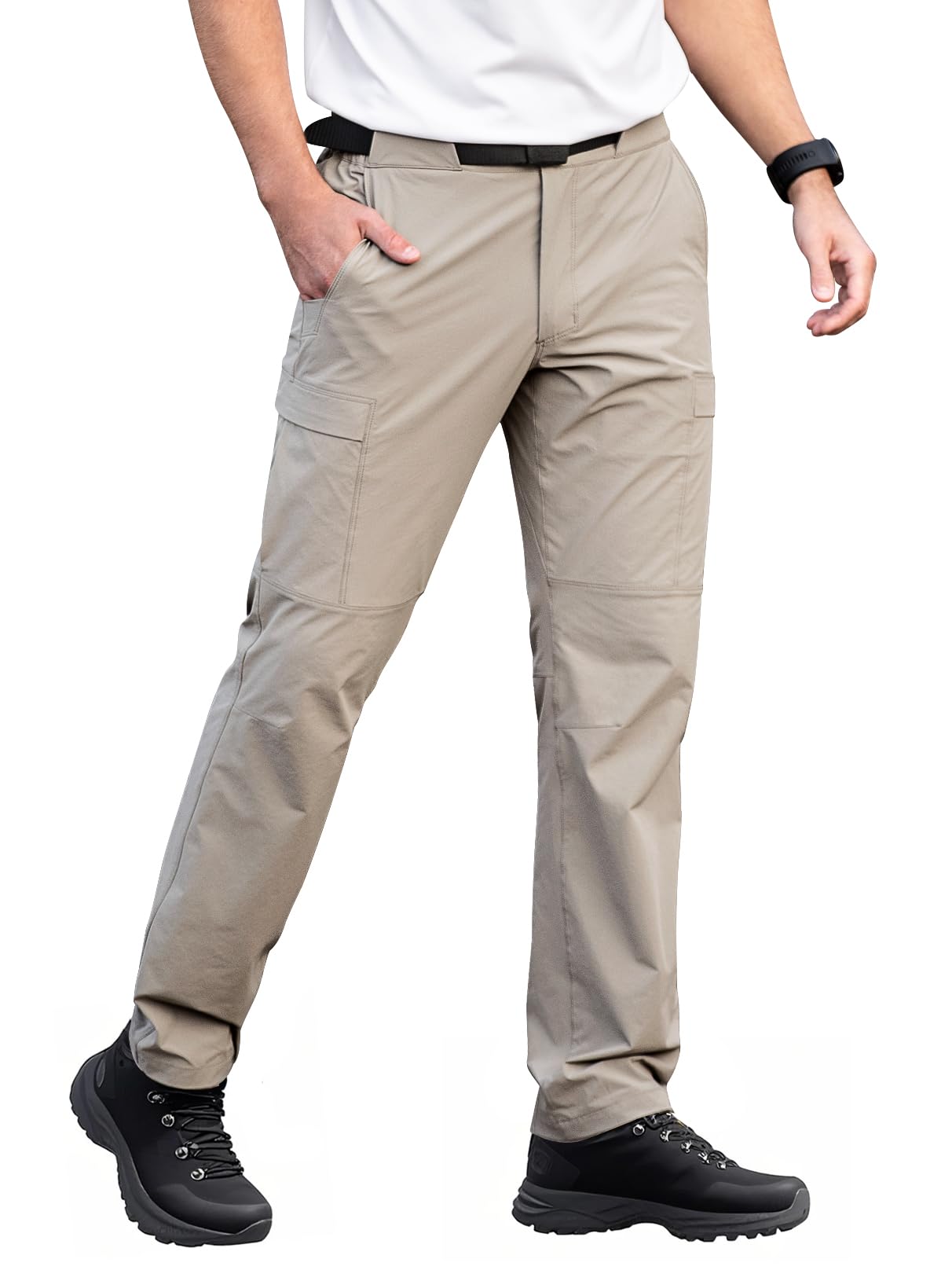 Aicall Men's Quick Dry Hiking Work Cargo Pants with Belt Lightweight Water-Resistant Stretch Pants for Fishing Outdoor Casual Khaki