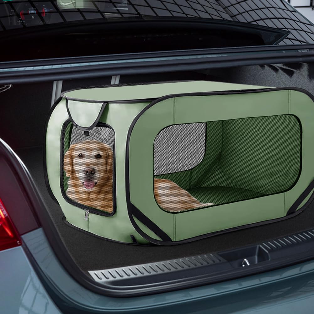 Boîte de transport pliable pour chien et chat jusqu'à 29,5 kg (94 x 53 x 53 cm), robuste, pliable, avec double portes et ceinture de sécurité, refuge portable pour les voyages (vert)