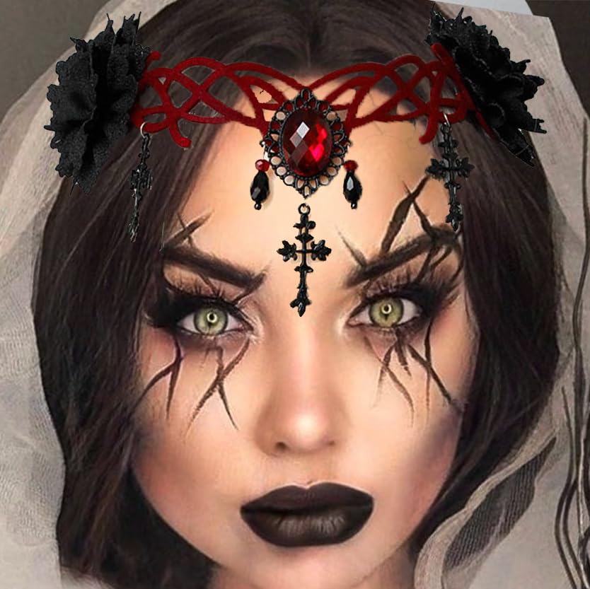 Fashband Fita gótica de flores para Halloween com diamantes de imitação, corrente para o cabelo, clipe para o cabelo, fantasia de festa para mulher